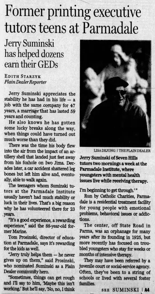 A newspaper article titled, “Former printing executive tutors teens at Parmadale.” There is an image of elderly White man with the article.