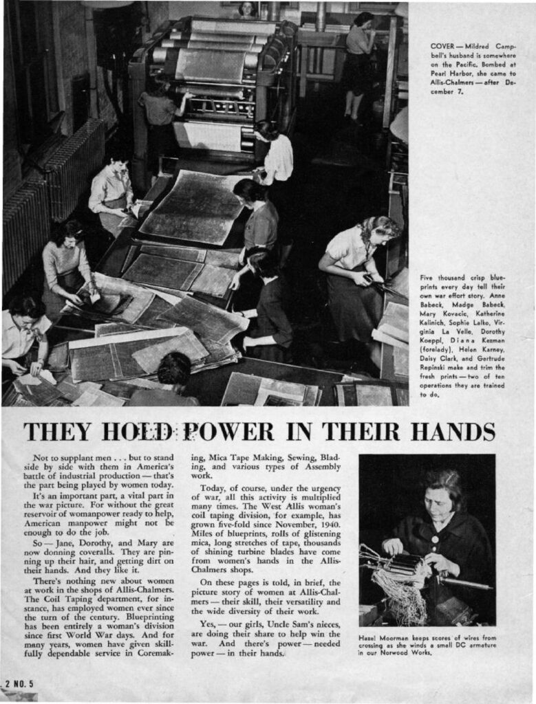 A page from a pamphlet titled, “They Hold Power in Their Hands” also features several women making and trimming blueprints.