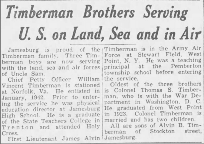 Newspaper article titled, “Timberman Brothers Serving U.S. on Land, Sea and in Air.”