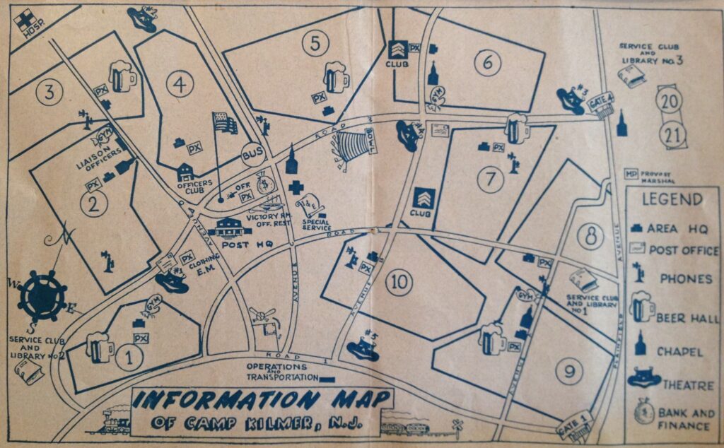 A black and white map of Camp Kilmer showing a legend with major locations such as the post office, libraries, and officers' club. 