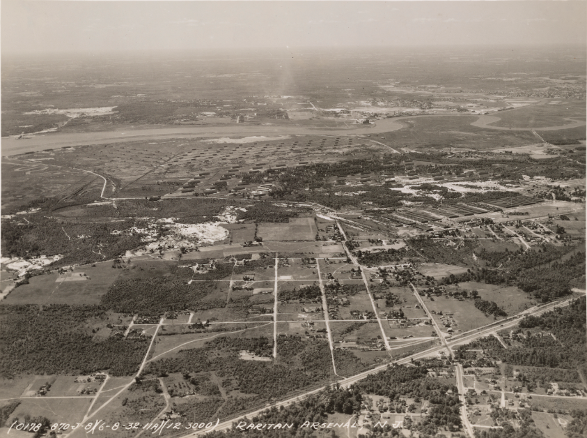 A black and white aerial view of the arsenal. 