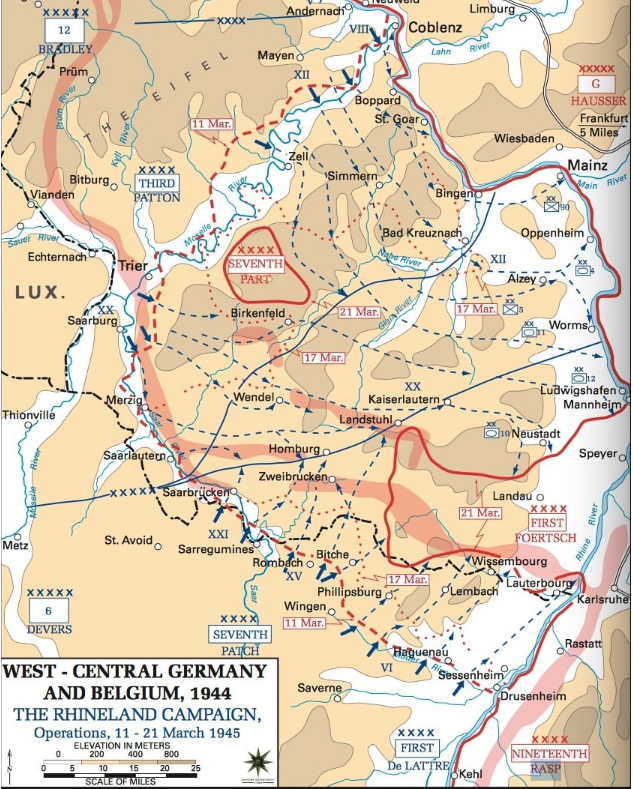A map showing troop movements in West-Central Germany and Belgium in 1945.