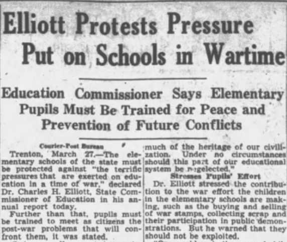 A newspaper article titled, “Elliott Protests Pressure Put on Schools in Wartime.”