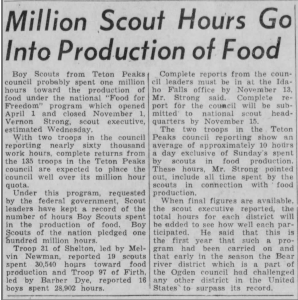 Newspaper article titled, “Million Scout Hours Go Into Production of Food.”