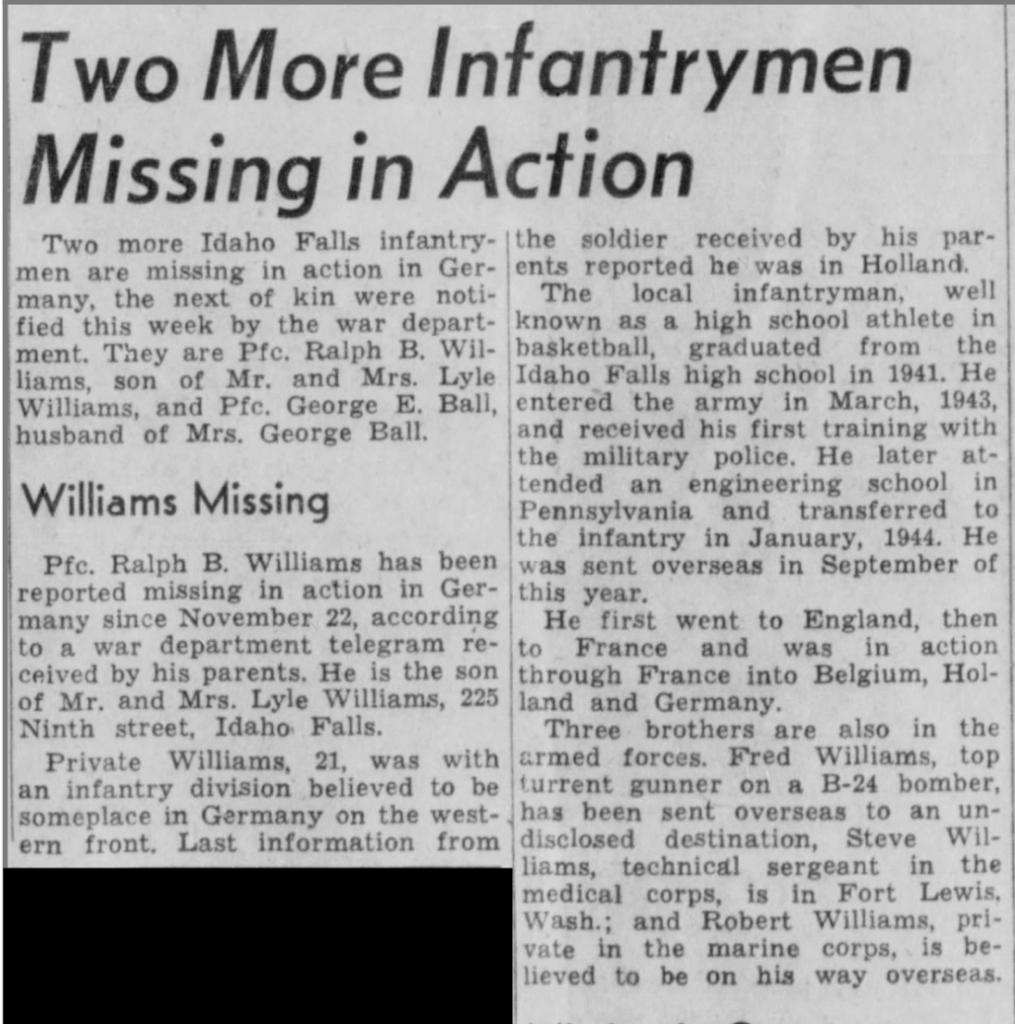 A newspaper article titled “Two More Infantrymen Missing in Action.”