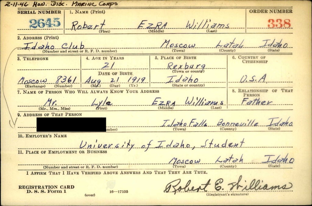 A hand-written card with information about Williams.