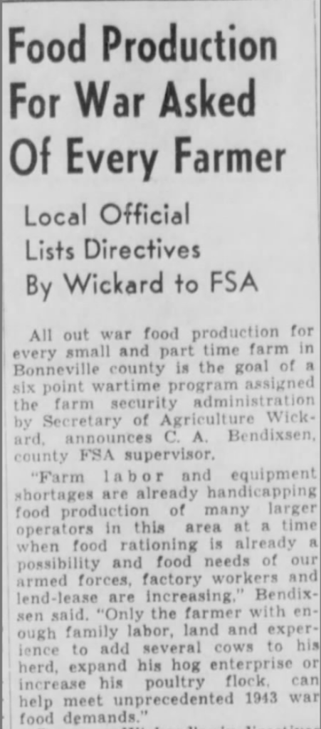 Newspaper article titled “Food Production For War Asked of Every Farmer.”