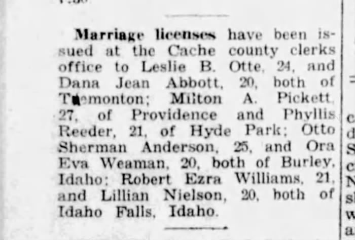 A newspaper snippet listing marriage licenses awarded.