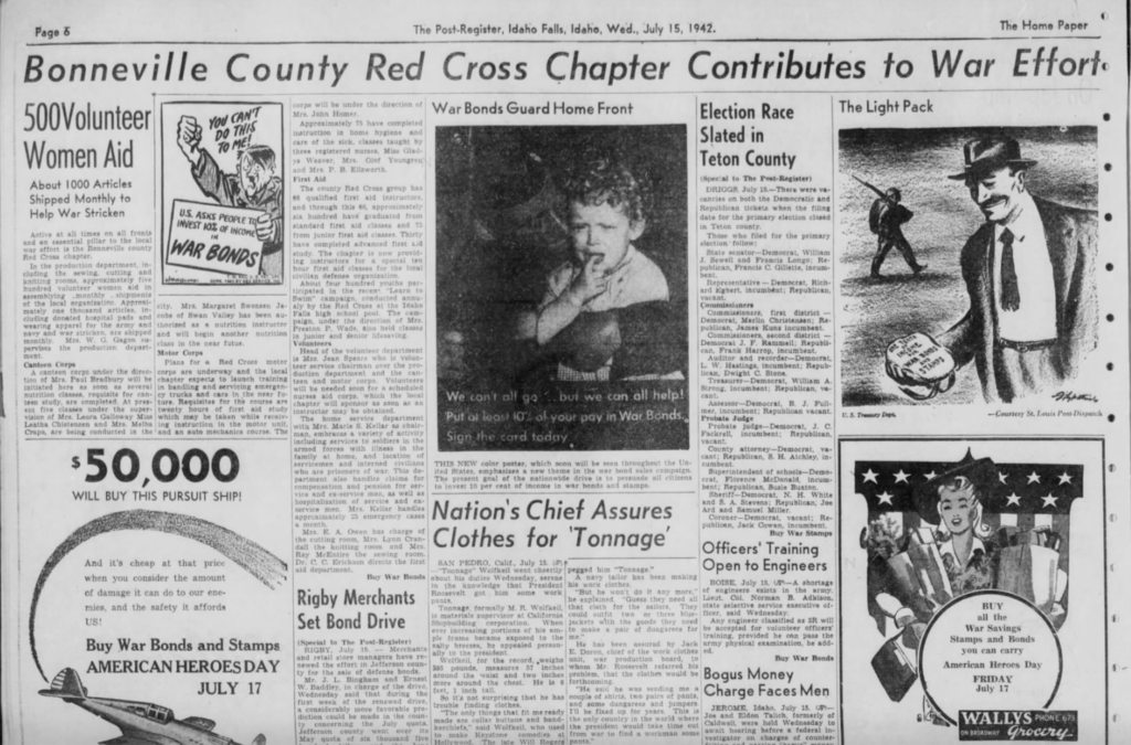 A newspaper article titled, “Bonneville County Red Cross Chapter Contributes to War Effort.”