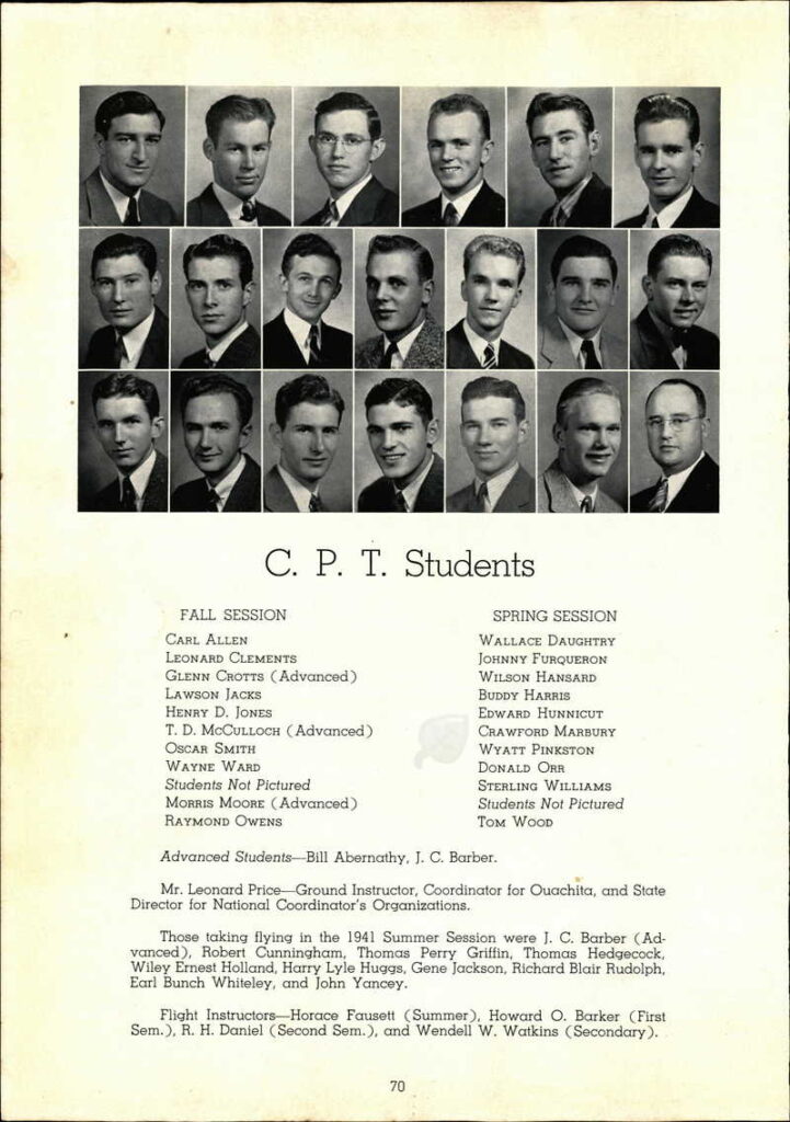 Over a dozen small headshots of young White men. Underneath is a list of names of the Fall, Spring, and Summer flying sessions.