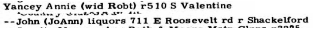 Typed entry reads “John (JoAnn) liquors 711 E. Roosevelt rd. r Schackelford”