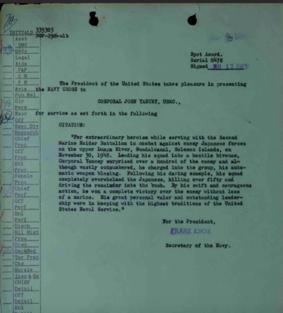 A typed recounting of Yancey’s Navy Cross citation.