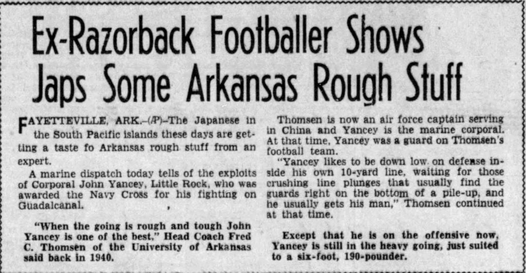 A newspaper article titled, “Ex-Razorback Footballer Shows Japs Some Arkansas Rough Stuff.”