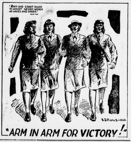 A black and white drawing of four women in uniform with the title “Arm in Arm for Victory!”
