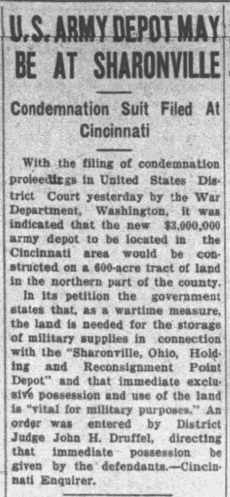 A newspaper headline titled, "U.S. Army Depot May be at Sharonville."