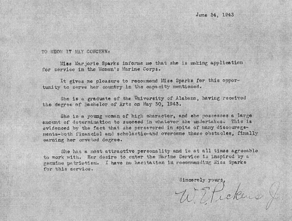 A typewritten letter recommending Carolyn Sparks to the USMC Officer Candidate School.