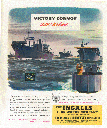 A color advertisement showing three drawn ships with the banner “Victory Convoy 100% Welded” over the top of the page. 