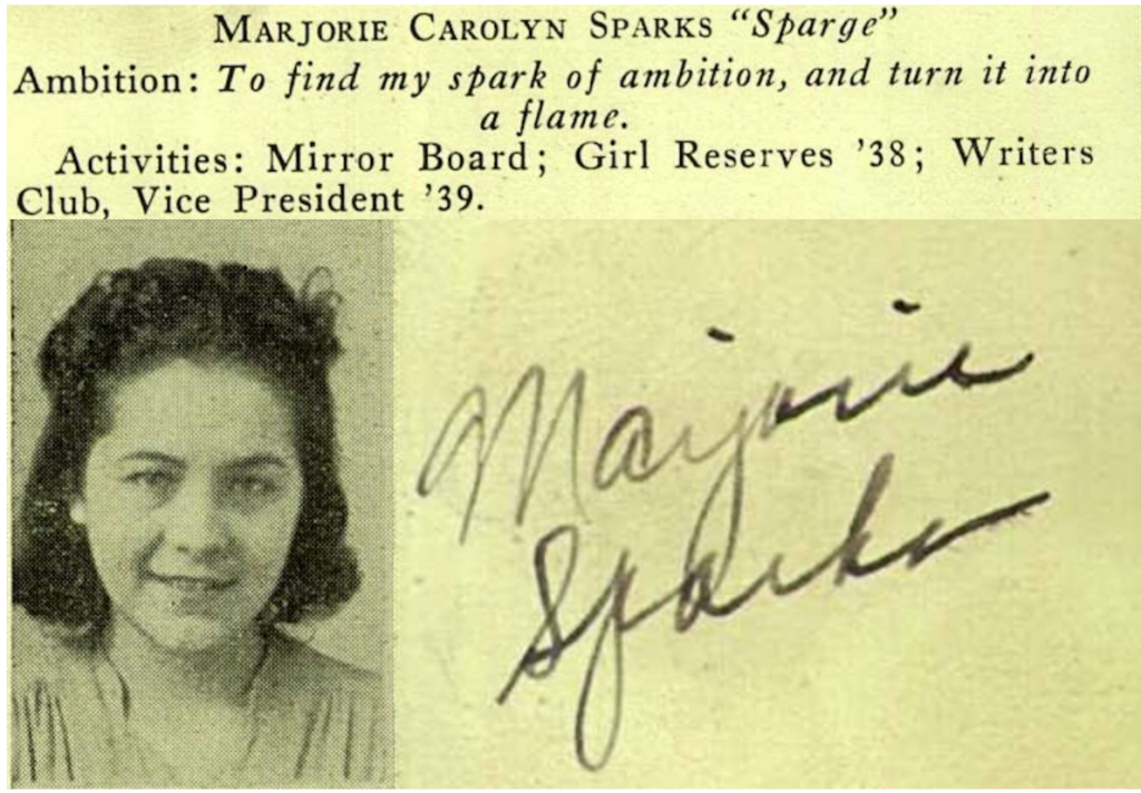 A sepia-toned yearbook entry showing Sparks’ ambition and activities. Underneath is a headshot of her smiling into the camera. She has shoulder-length hair. To the right is her signature. 