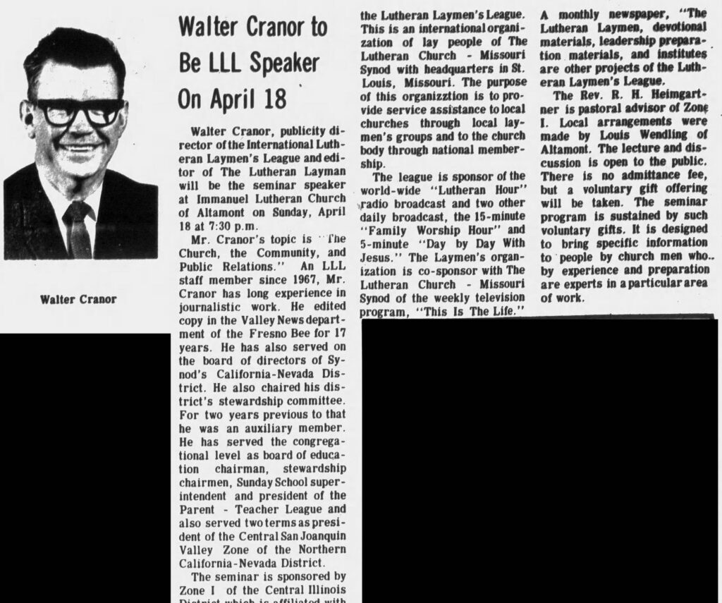 A newspaper article titled, “Walter Cranor to be LLL Speaker on April 18” also features a black and white headshot of an older White man in a suit and tie. 