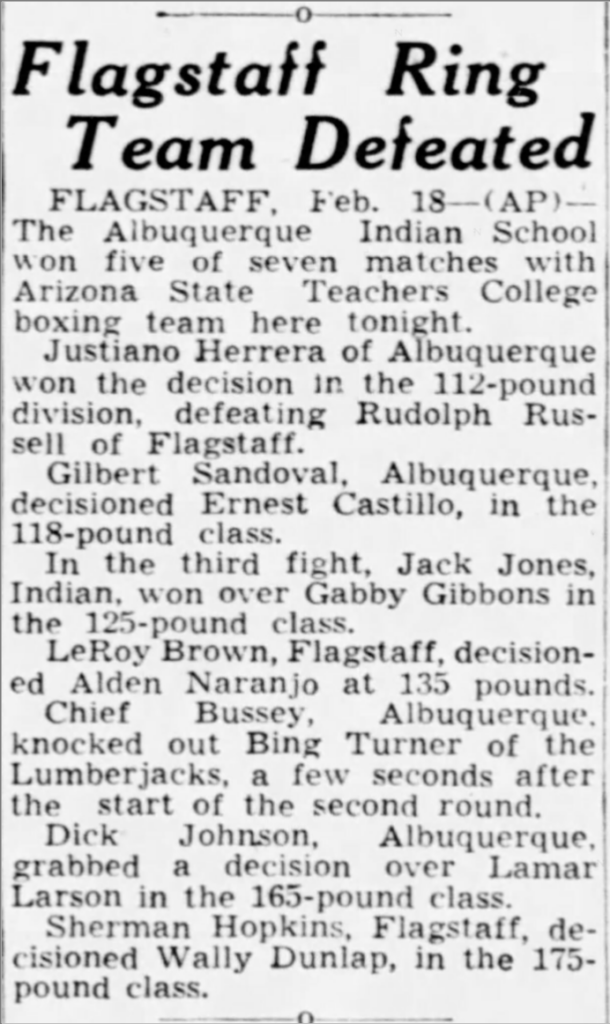 A newspaper article titled, “Flagstaff Ring Team Defeated.”