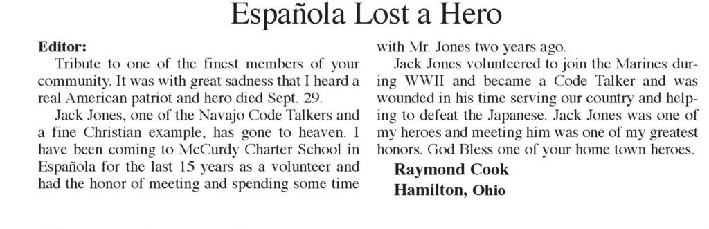 A newspaper article titled, 'Espanola Lost a Hero."