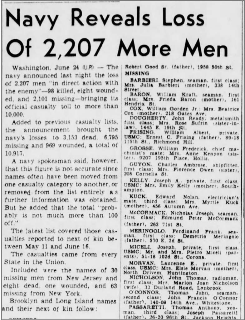 A newspaper article titled, “Navy Reveals Loss of 2,207 More Men.”
