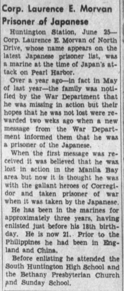 A newspaper article titled, “Corp. Laurence E. Morvan Prisoner of Japanese.”
