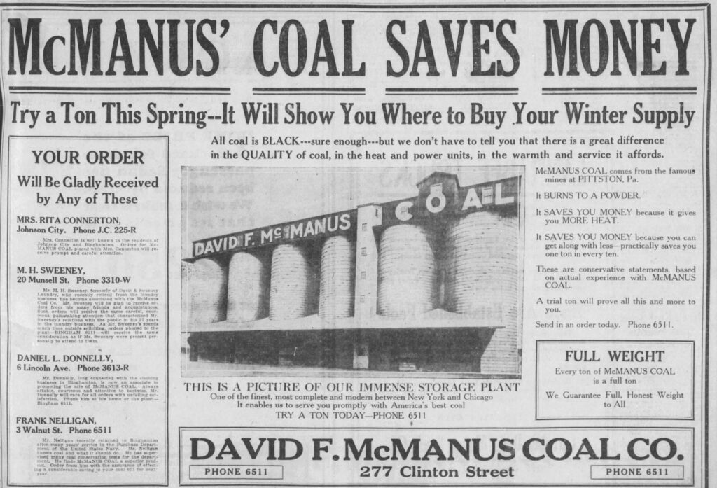 A newspaper advertisement titled "McManus' Coal Saves Money."