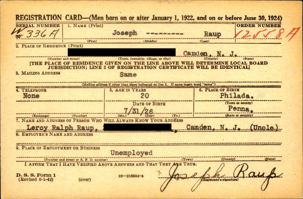 A handwritten card with information about Raup.