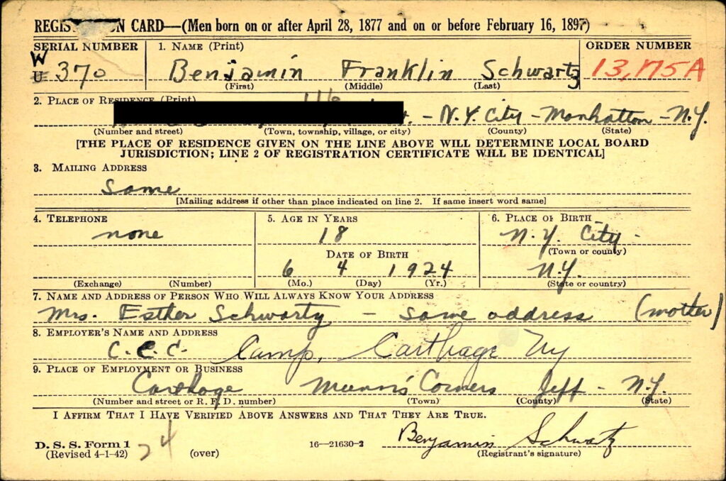 A handwritten card with information on Schwartz.