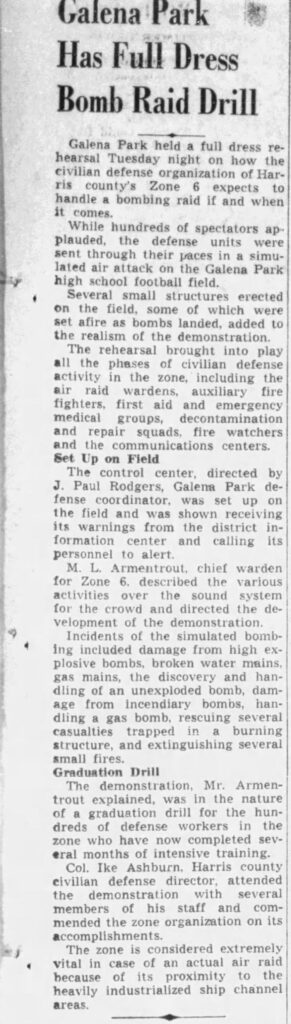 A newspaper article titled, “Galenda Park Has Full Dress Bomb Raid Drill.”