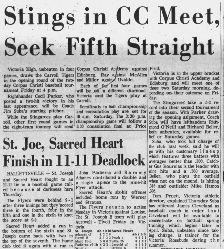 A newspaper article titled, “Stings in CC Meet, Seek Fifth Straight.”