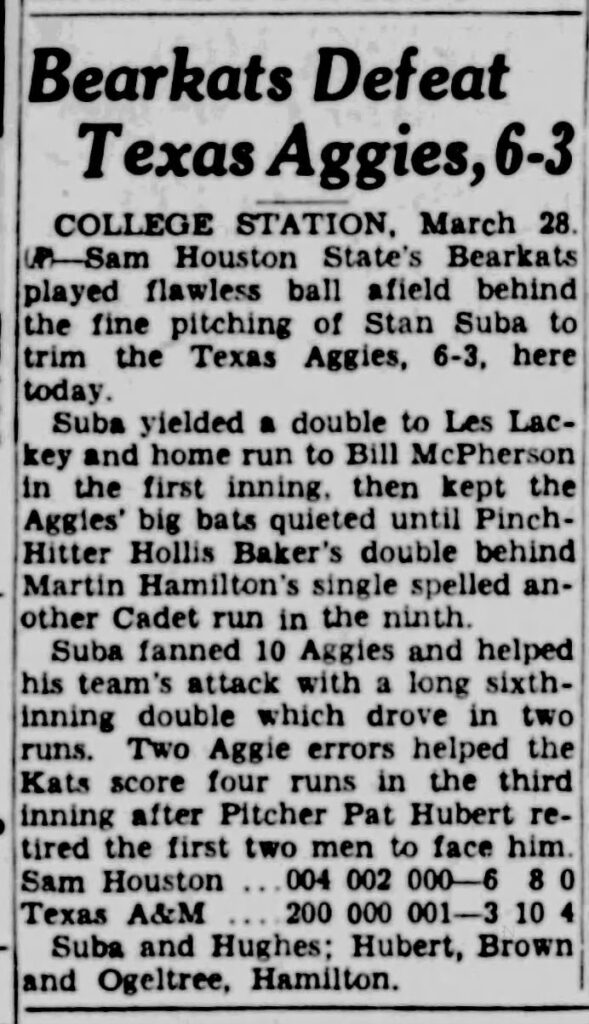 A newspaper article titled, “Bearkats Defeat Texas Aggies, 6-3.”