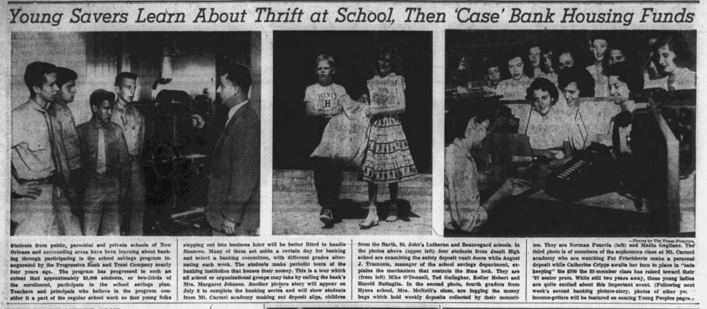 A newspaper article titled “Young Savers Learn About Thrift at School Then ‘Case’ Bank Housing Funds.”