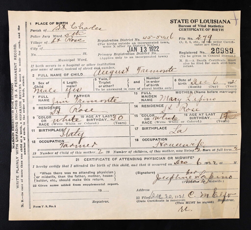A hand-written birth certificate.