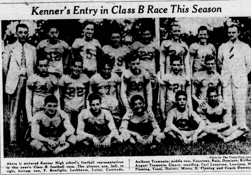 A newspaper article titled, “Kenner’s Entry in Class B Race This Season.” with an image of a young football team in uniform.