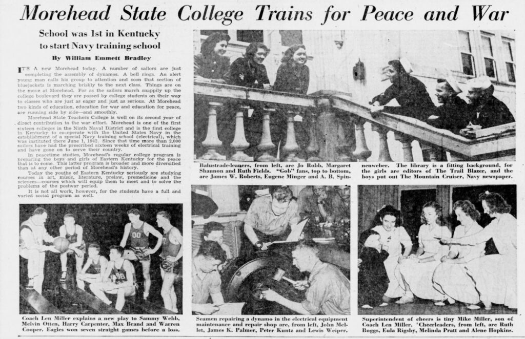A newspaper article featuring multiple images of students at Morehead College. 