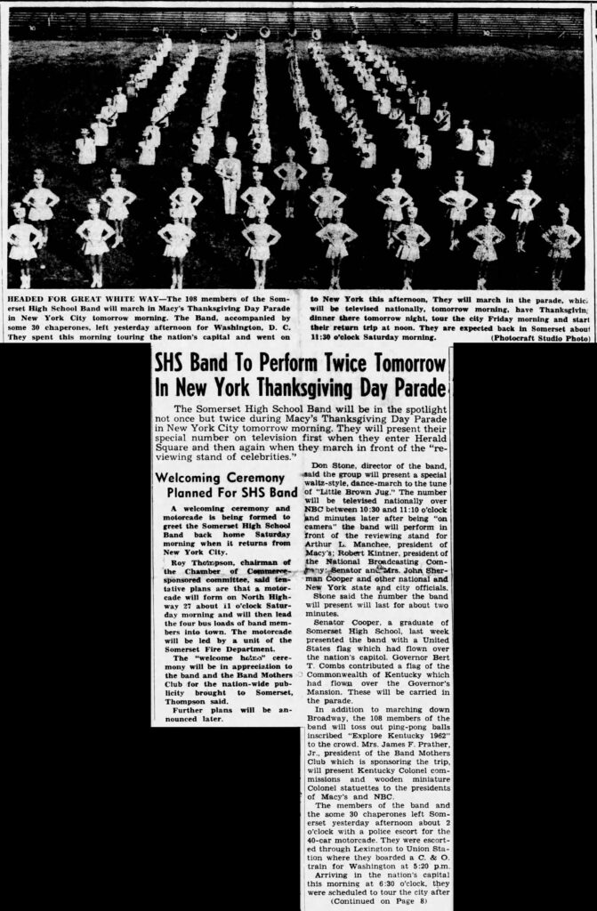 A newspaper article featuring a marching band.
